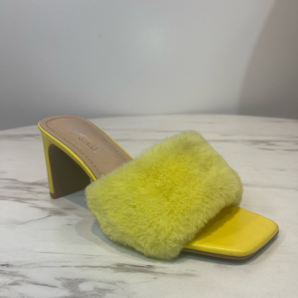 Yellow Faux Fur Mules with Geometric Block Heel